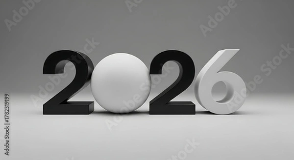 Fototapeta Bold 3D numbers representing the year 2026 stand against a clean, neutral background.