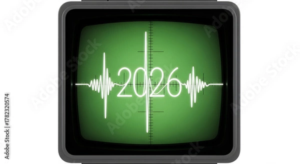 Obraz Digital waveform displays the year 2026 on a vintage screen, symbolizing the future and progress.