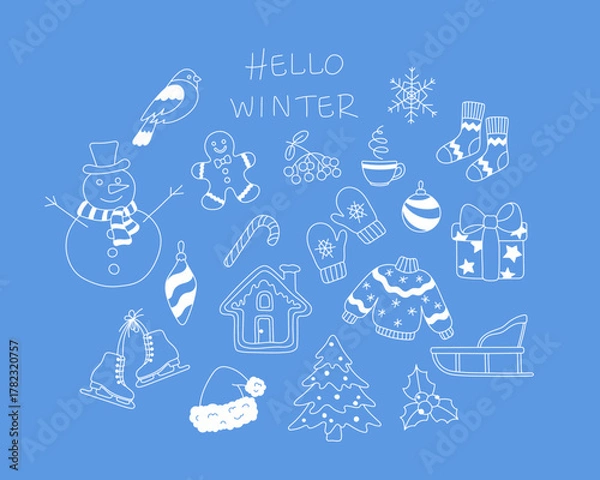 Obraz Winter set. Line art doodles. Vector illustration.