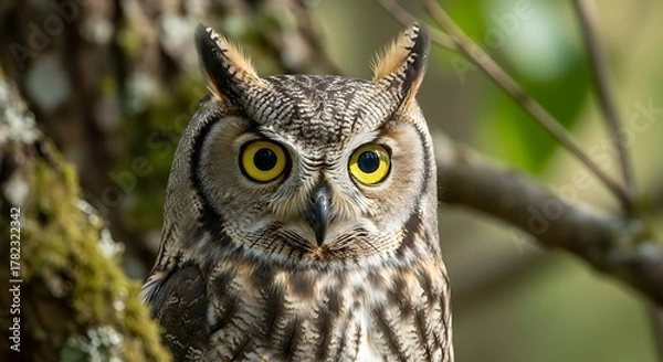 Fototapeta Close-up of a majestic great horned owl perched on a tree branch, looking directly at the camera with intense yellow eyes.
