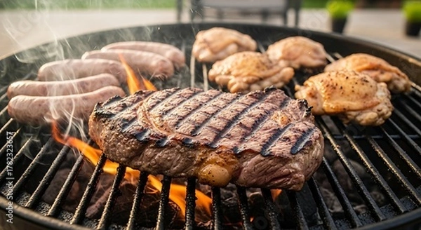 Fototapeta Delicious Assortment of Meats Grilling Over Open Flames on a Barbecue.