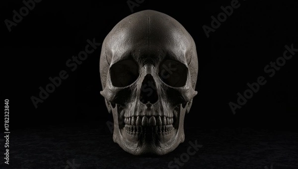Fototapeta Close-up view of a human skull against a dark background, highlighting themes of mortality and isolation