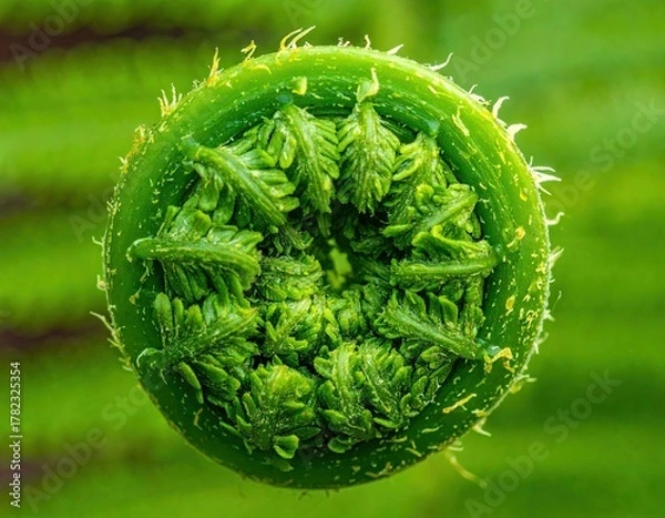 Fototapeta Closeup of a Bright Green Unfurling Fern Frond in Daylight