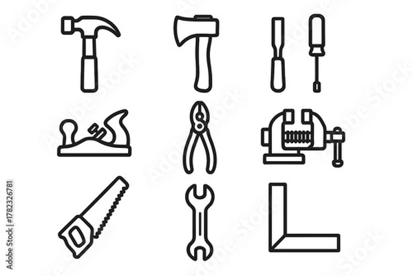 Fototapeta icons of construction/repair tools, in line art style (clean black outlines, no fill). Each icon is minimalistic, with clear lines.
