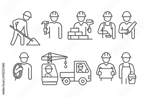 Fototapeta 10 simple linear icons (pictograms) depicting builders and construction equipment. All characters wear protective helmets.