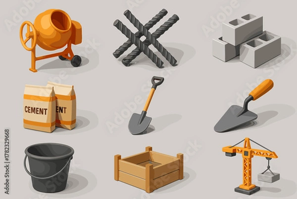 Obraz A set of icons related to building materials and equipment. All icons are rendered in a 3D style using colors such as orange, gray, brown, and black.