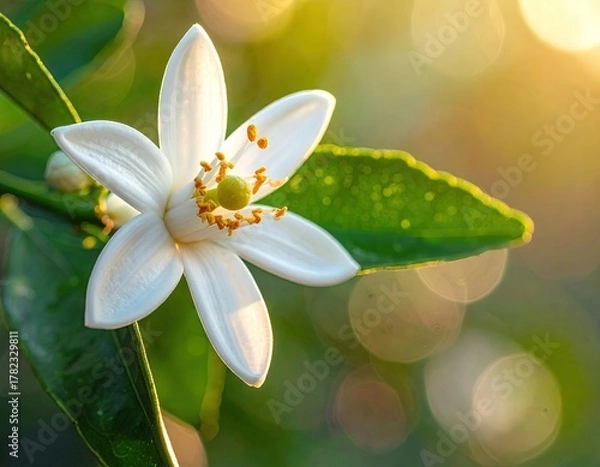 Obraz Close-up White Flower Blossom with Green Leaves in Sunlight