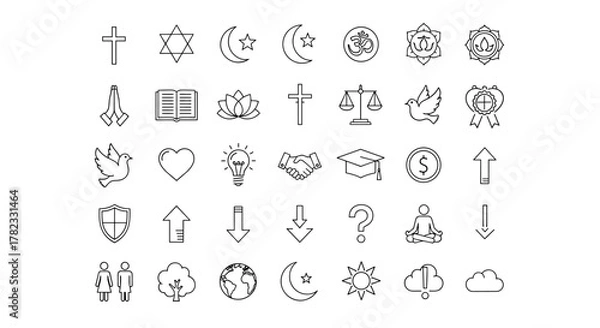 Fototapeta A comprehensive collection of thin line icons representing various religions, principles, and fundamental concepts, including symbols for Christianity, Judaism, Islam, Buddhism, Hinduism, peace