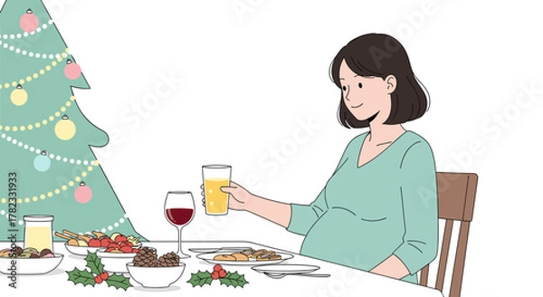 Fototapeta Pregnant woman choosing juice instead of champagne at a holiday table, ideal for alcohol awareness and maternity health education