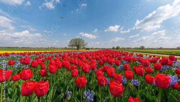 Obraz Vibrant tulip flowers blooming in a picturesque spring garden, ideal for editorial backgrounds