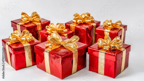 Fototapeta Colorful gift boxes arranged creatively for a festive celebration with shiny golden ribbons and bright red wrapping at a cheerful gathering