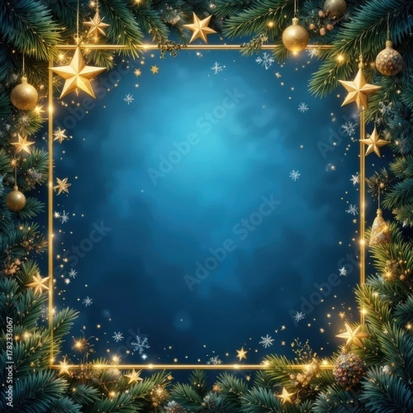 Fototapeta Decorative Holiday Frame with Greenery and Golden Ornaments on a Blue Background
