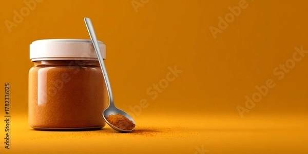Fototapeta Glass jar filled with vibrant spice on bright orange background