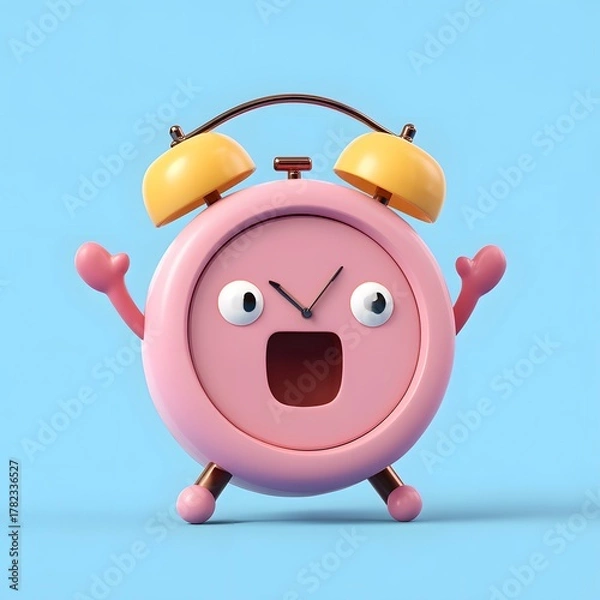 Fototapeta Playful Cartoon Alarm Clock Character with Excited Expression