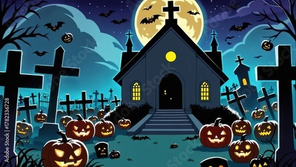 Fototapeta Spooky Graveyard Scene with Jack o' Lanterns and a Dark Church Under a Full Moon in Halloween Night