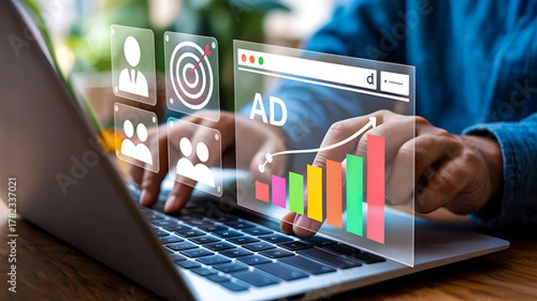 Obraz A digital marketing manager uses a laptop to analyze advertising metrics and customer targeting strategies for business growth and online sales success.