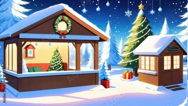 Obraz Cozy Winter Scene with Snowy Cabin and Decorated Christmas Tree Under a Night Sky