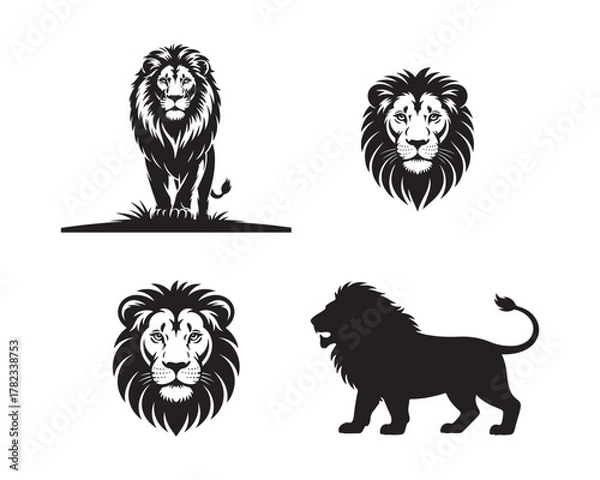 Fototapeta lion silhouette set, lion collection, jungle king silhouette, roaring lion, lion head vector, majestic lion design, african lion vector, powerful lion illustration