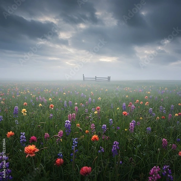 Fototapeta Misty Meadow - A Symphony of Wildflowers Under a Cloudy Sky.