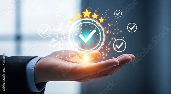 Fototapeta Hand showing quality guarantee with check mark and stars on blue background