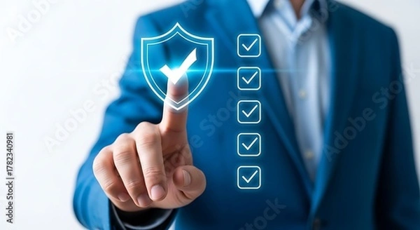 Fototapeta Man pointing at security shield with check marks isolated on white background