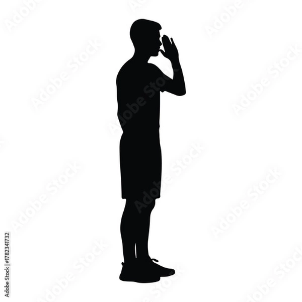 Fototapeta Silhouette of a man shouting with hand cupped to mouth
