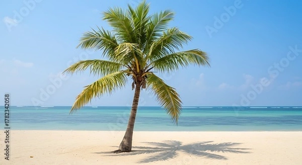 Fototapeta Palm tree on a tropical beach with turquoise water and blue sky.