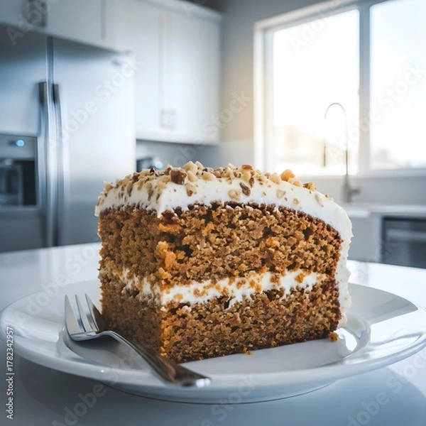 Fototapeta Rustic carrot cake slice with cream cheese frosting and walnuts