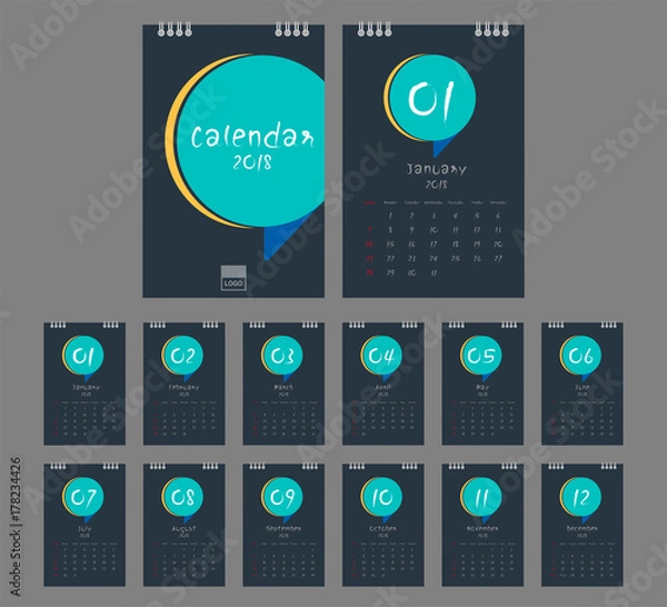 Fototapeta 2018 Calendar. Desk Calendar modern design template with place for photo. Week starts Sunday. A5 or A4 paper size.