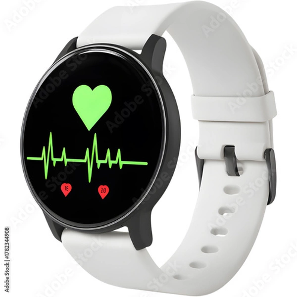 Fototapeta White modern smartwatch with heart rate monitor isolated on white background, symbolizing health tracking and innovation.