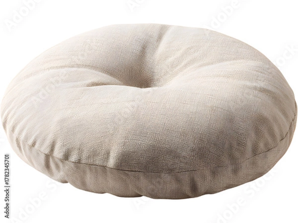 Fototapeta Round beige meditation cushion isolated on white background, symbolizing mindfulness, comfort, and relaxation.