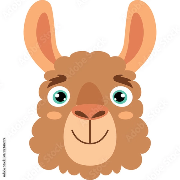 Fototapeta Cute Cartoon Llama Face With Big Green Eyes And Fluffy Brown Fur On Transparent Background A Friendly Looking Andean Camelid Animal Portrait