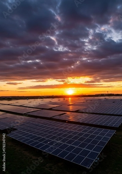 Fototapeta Solar panels at sunset - Renewable energy for a sustainable future.