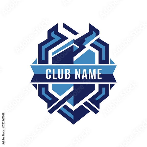 Fototapeta "Professional football club logo, navy blue gradient, editable name section, geometric shapes, flat vector design, easy to trace"