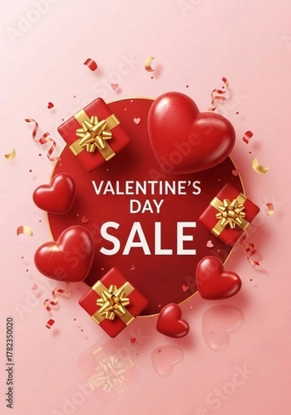 Obraz Vertical Valentine's Day Sale banner. 3D text on a cluster of red hearts with gold confetti and ribbons on a pink background. Holiday promotion.