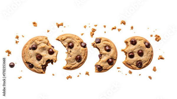 Fototapeta Delicious chocolate chip cookies arranged in sequence, showcasing different stages of bites and crumbs, evoking sense of indulgence and joy