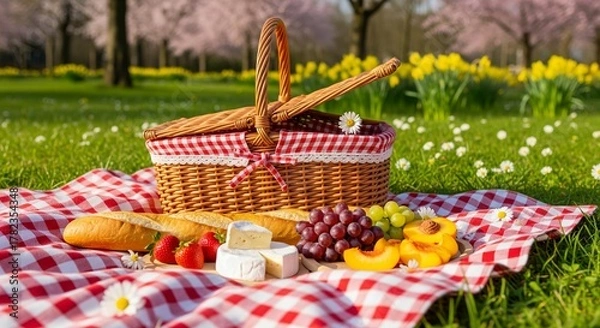 Fototapeta A bright and airy photograph captures a delightful spring picnic scene. A red and white checkered blanket is spread on lush green grass, dotted with small white daisies. A classic wicker picnic basket