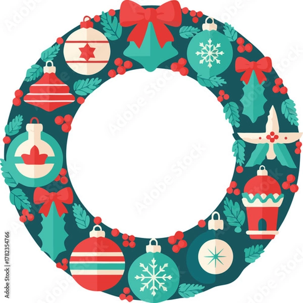 Fototapeta Christmas Wreath Frame with Ornaments and Candy Canes