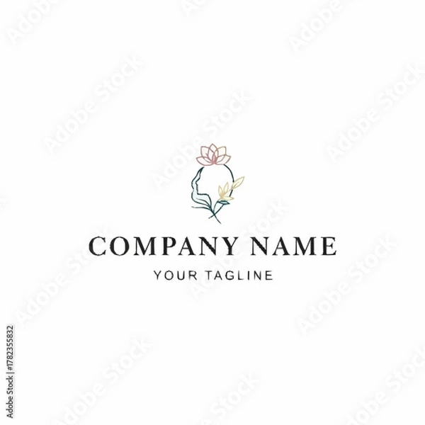 Fototapeta Elegant Woman Profile with Floral Crown Logo Design for Beauty and Wellness Brands.