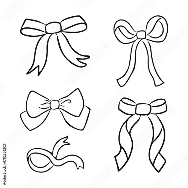 Fototapeta Hand-drawn decorative bow illustrations set. Collection of six hand-drawn bow illustrations, perfect for design, packaging, invitations, or festive decorations in vector style