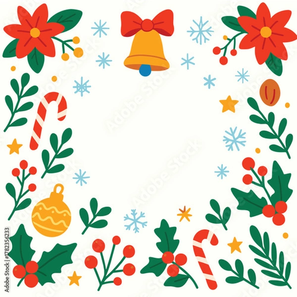 Obraz Christmas Floral Frame with Candy Cane, Bell, and Leaves