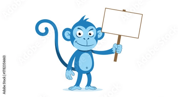 Obraz A cheerful blue cartoon monkey stands upright, holding a blank white sign with a brown stick, ready for a custom message or protest.