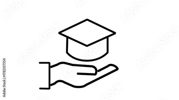 Obraz Hand holding graduation cap simple line art icon for education and academic achievement isolated on white background