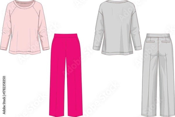 Fototapeta Casual outfit illustration, raglan sleeve top, wide-leg pants, fashion sketch, garment design, front and back view, loungewear set, clothing template, vector drawing
