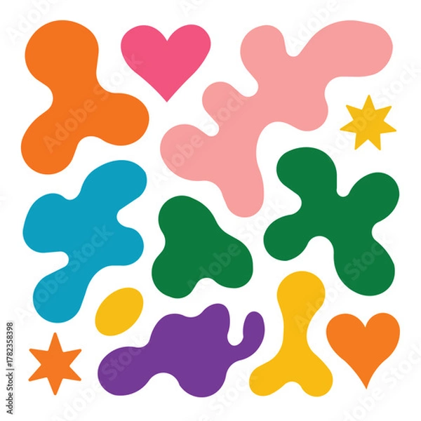Fototapeta Abstract colorful blob shapes with hearts and stars. Playful organic doodle vector pattern background. Modern groovy art design.