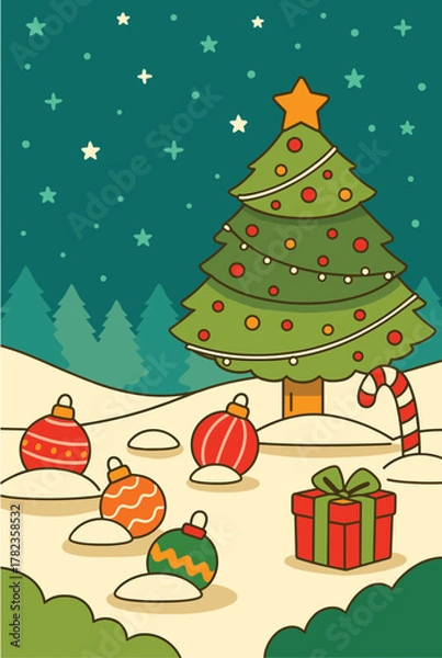 Obraz Christmas Tree with Gifts and Ornaments Under Starry Night