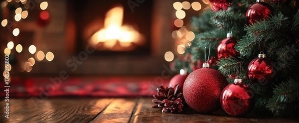Fototapeta Close-up of red Christmas baubles and pine cones on a decorated evergreen tree with warm fireplace and festive lights in the background, creating a cozy holiday atmosphere