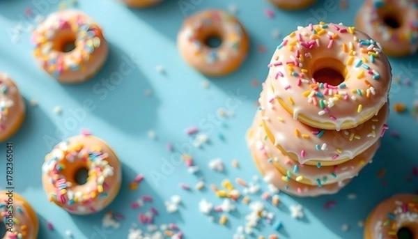 Obraz Stack of glazed donuts with colorful sprinkles on a pastel background
