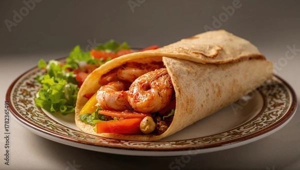 Fototapeta Peruvian shawarma wrap with vegetables and chicken, fiber-dense choice
