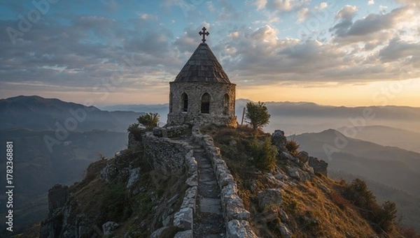 Fototapeta Ancient stone church featuring a conical roof and cross atop a mountain, highlighting erosion risk